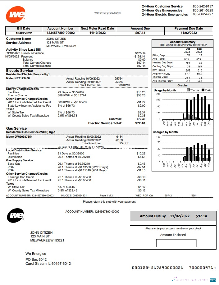 download USA Wisconsin We Energies electricity utility bill template in Word and PDF format PDF template